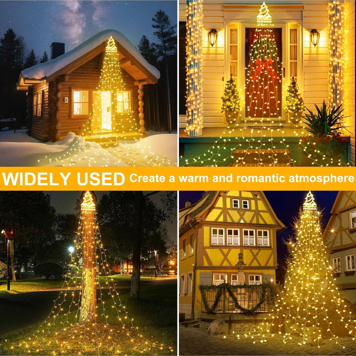 Magotan 12ft 350 LED Waterfall Christmas Lights Outdoor Decoration Twinkle Solar Christmas Tree String Lights with Top Star Xmas Holiday Garden Yard Decoration, Warm White