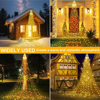 Magotan 12ft 350 LED Waterfall Christmas Lights Outdoor Decoration Twinkle Solar Christmas Tree String Lights with Top Star Xmas Holiday Garden Yard Decoration, Warm White