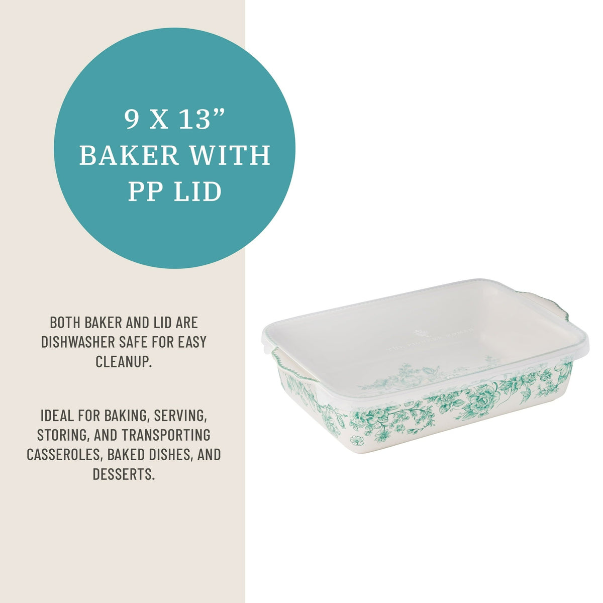 The Pioneer Woman Agatha Rectangular Baker with Lid, 9" x 13", Green