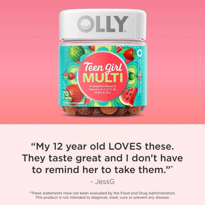 OLLY Teen Girl Multivitamin Gummy, Wellness Support, Strawberry Melon Flavored, 70 Ct