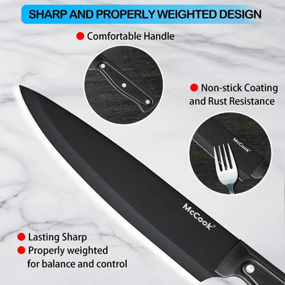 McCook DISHWASHER SAFE MC701 Knife Sets of 26, Stainless Steel Kitchen Knives Block Set with Built-in Knife Sharpener, Measuring Cups and Spoons