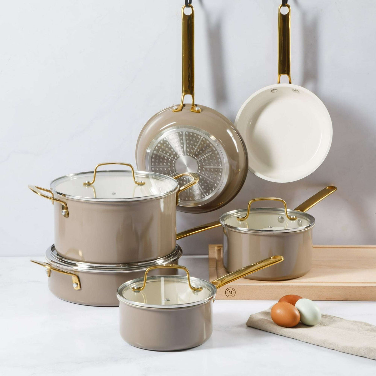 Martha Stewart 10-Piece Nonstick Pots and Pans Cookware Set with Gold Handles, Taupe