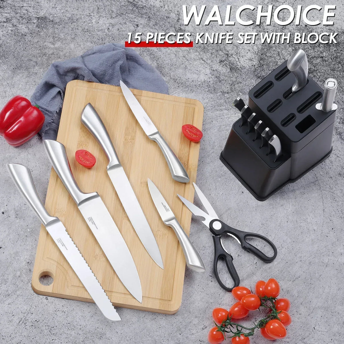 Walchoice 15 Pieces Knife Set with Block, High Carbon Stainless Steel Kitchen Knife Set with Sharpener, Rust Resistant & Dishwasher Safe