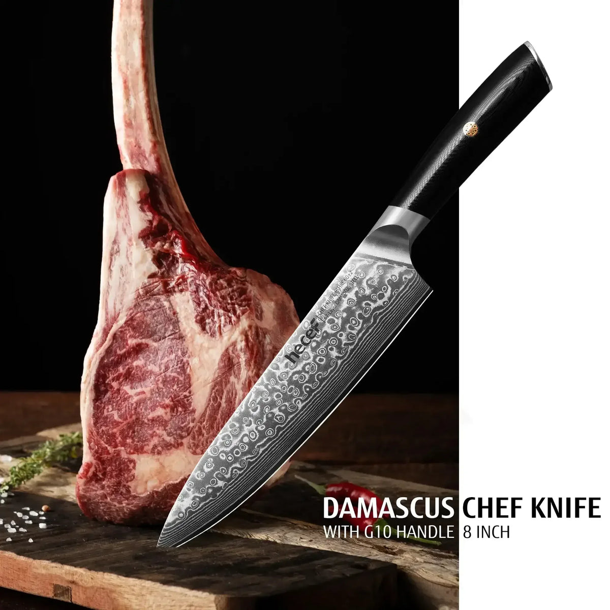 Hecef 8-Inch Chef Knife, Japanese Damascus Steel Blade with Resin Handle