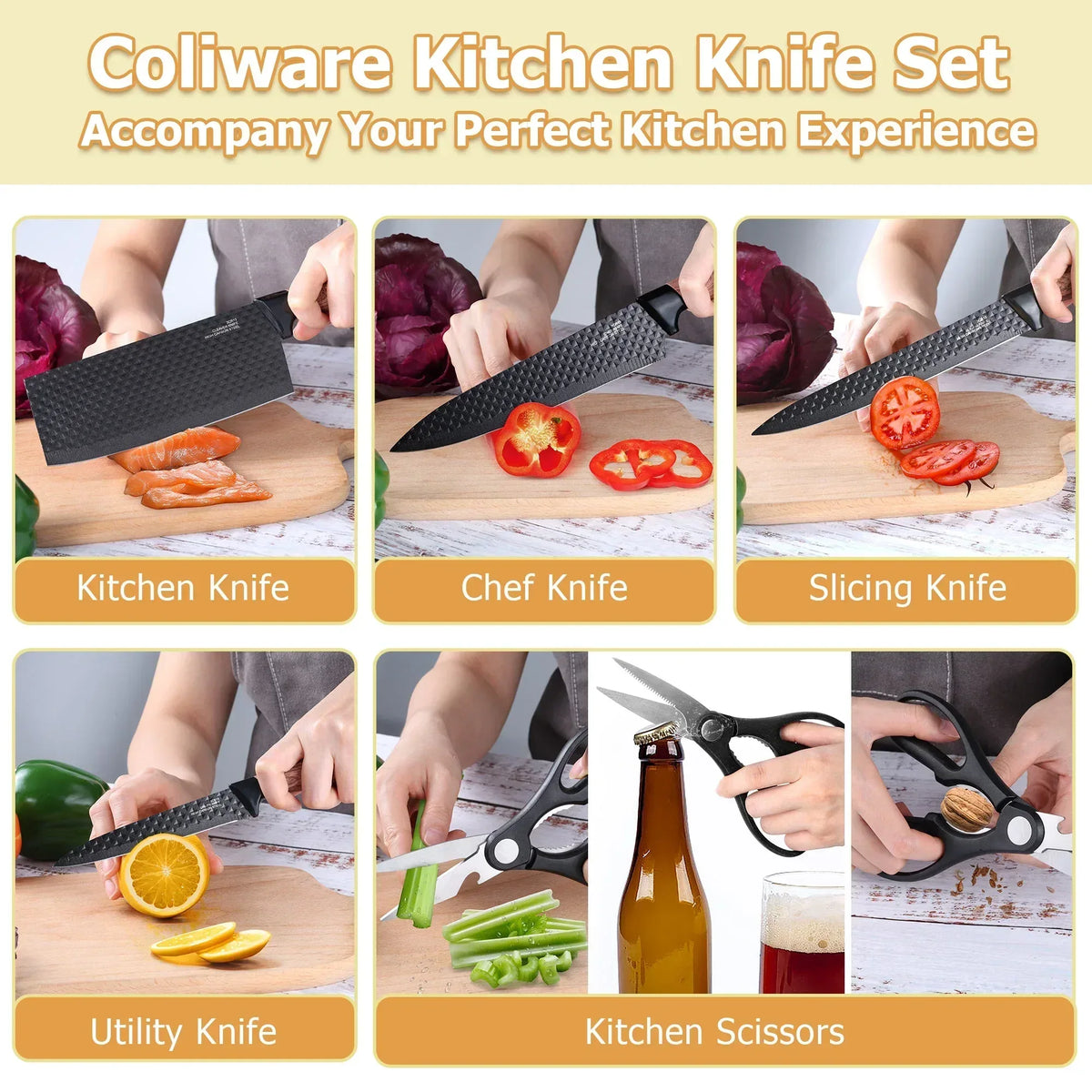 Joyfair Kitchen Knife Set, 7 Pcs Stainless Steel White Knives Block Set for Chef, Super Sharp Professional Knife Set with Universal Knife Block for Home Restaurant, Non-Stick & Anti-Rust