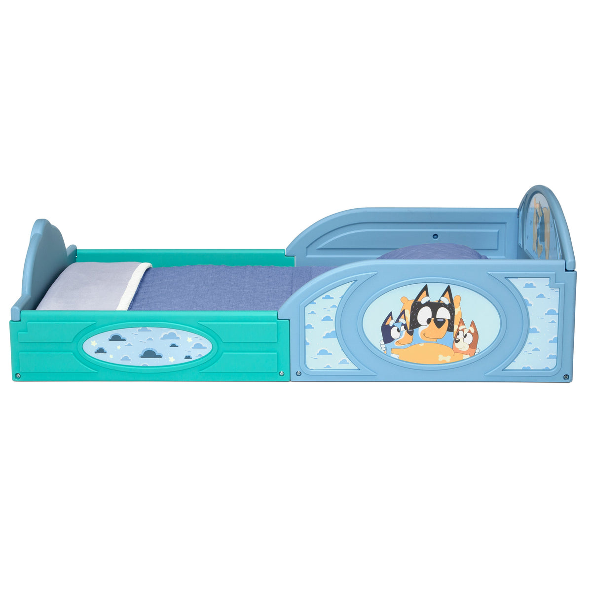 Bluey Sleep and Play Toddler Bed with Built-In Guardrails by Delta Children