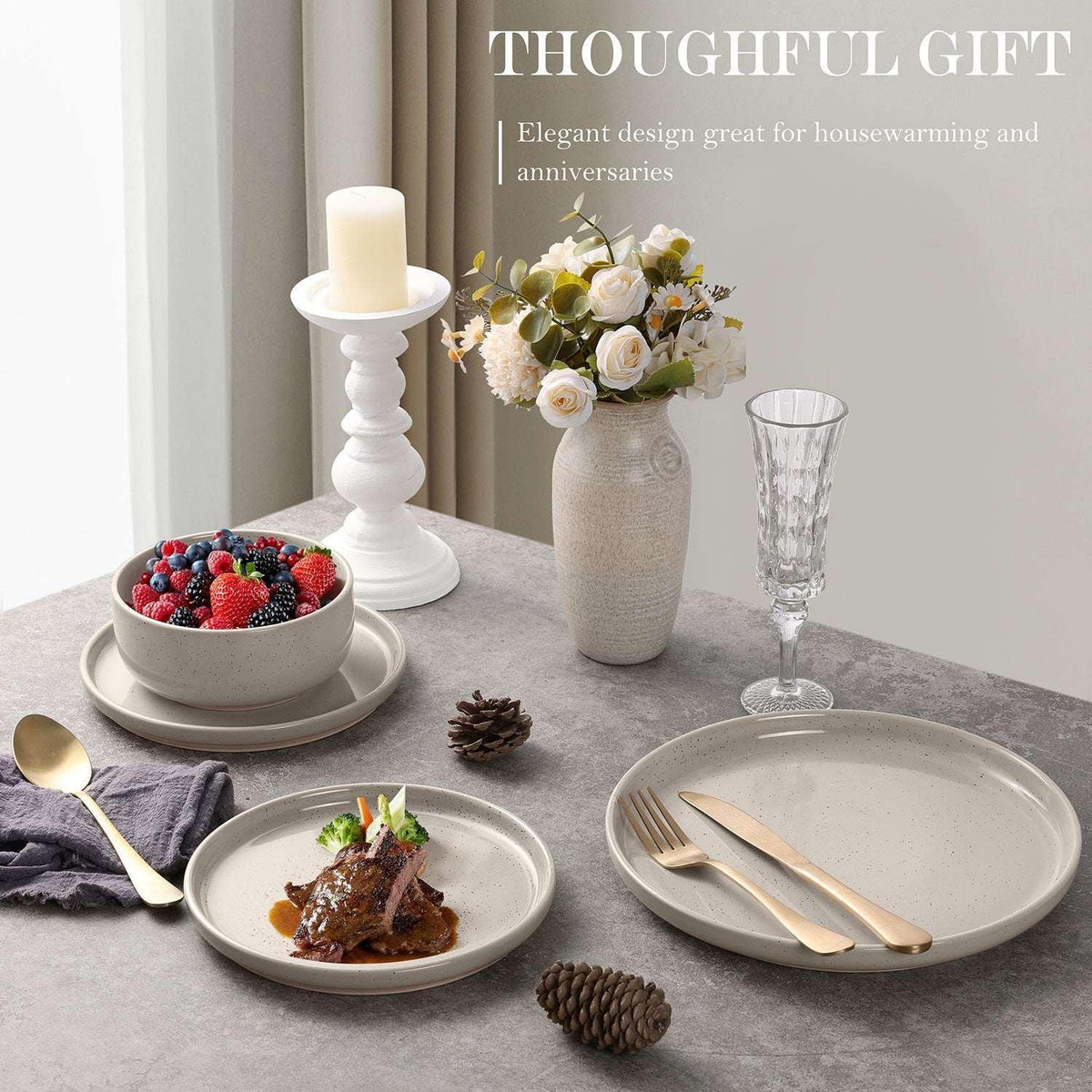Vesteel 12-Piece Dinnerware set, Ceramic Plates and Bowls set for 4, Speckled Stoneware Dishes Set for Family, Microwave & Dishwasher Safe - Cappuccino Brown