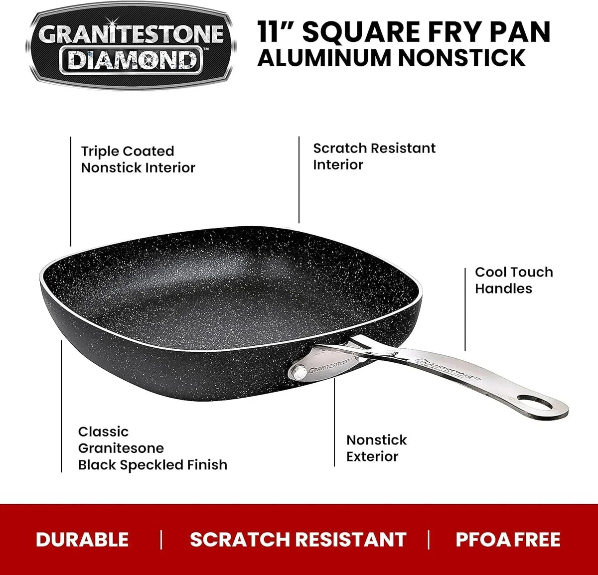 Granitestone 11" Shallow Square Frying Pan Nonstick Skillet, Scratchproof Diamond Infused Coating, No-warp Mineral-enforced Cookware Dishwasher Oven Safe Kitchenware - As Seen On TV