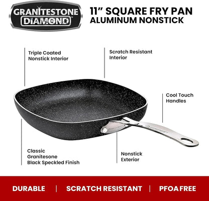 Granitestone 11" Shallow Square Frying Pan Nonstick Skillet, Scratchproof Diamond Infused Coating, No-warp Mineral-enforced Cookware Dishwasher Oven Safe Kitchenware - As Seen On TV