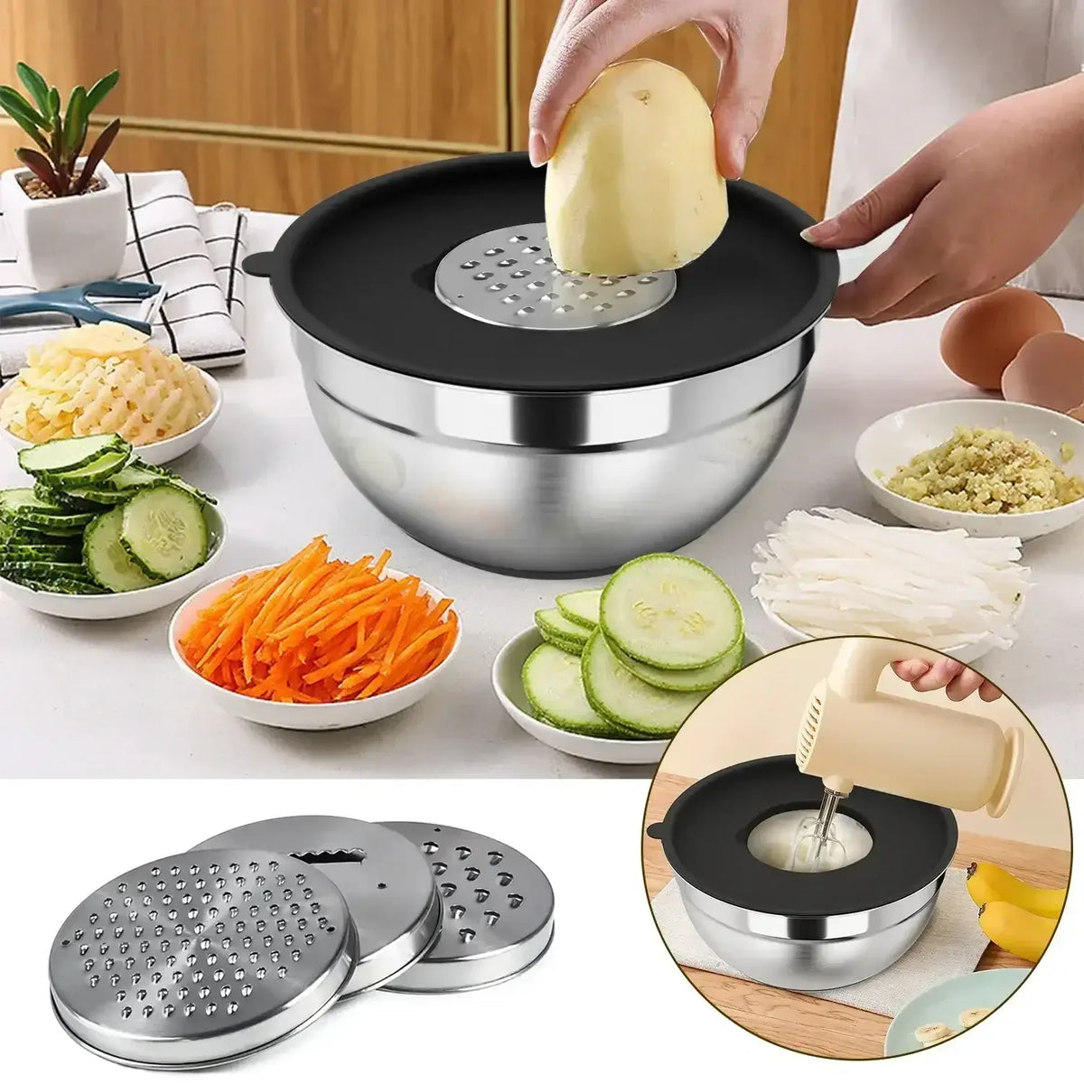 TINANA 26PCS Stainless Steel Mixing Bowls with Lids Set, Nesting Mixing Bowl Set with Non-Slip Bottom Graters Tools Gadgets, 7/4/3.5/2.5/2/1.5QT Metal Salad Bowls for Serving Prepping Baking
