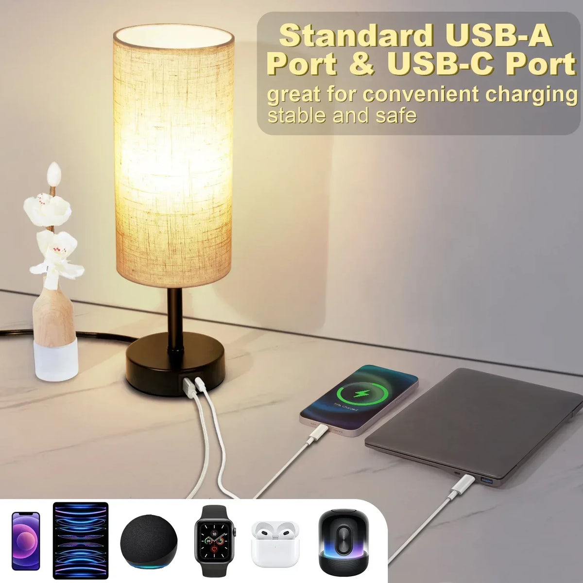 Walchoice Table Lamp Set of 2, Touch Control Desk Reading Lamp with USB A+C Charging Ports, 3-Way Dimmable Nightstand Lamps for Bedroom/ Living Room, Round Flaxen Shade