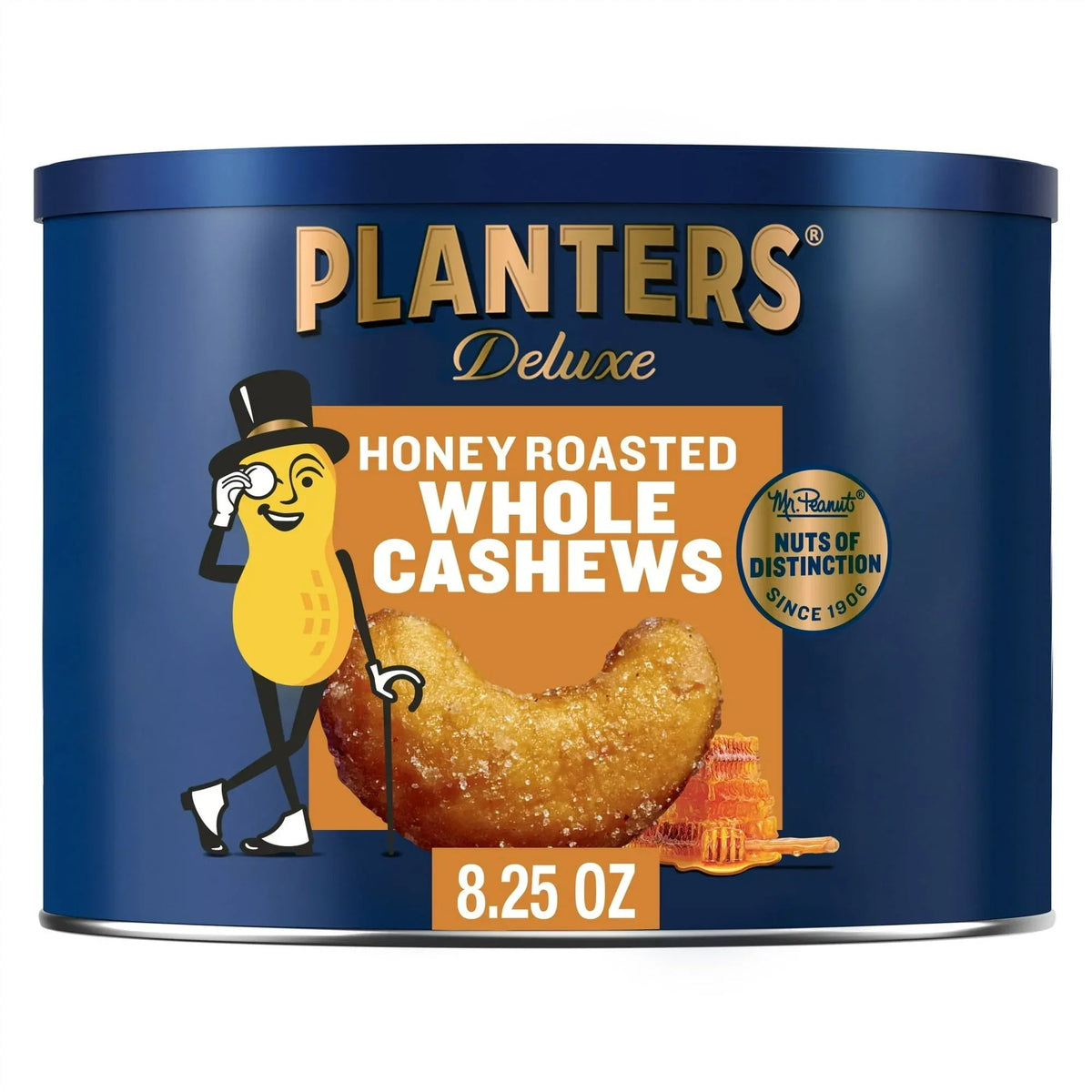 PLANTERS Deluxe Honey Roasted Whole Cashews, Sweet and Salty Snacks, Plant Based Protein, 8.25 oz Steel Can