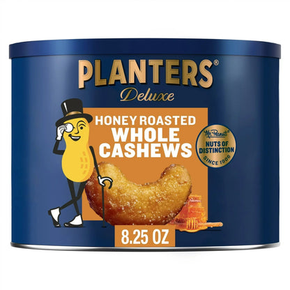 PLANTERS Deluxe Honey Roasted Whole Cashews, Sweet and Salty Snacks, Plant Based Protein, 8.25 oz Steel Can