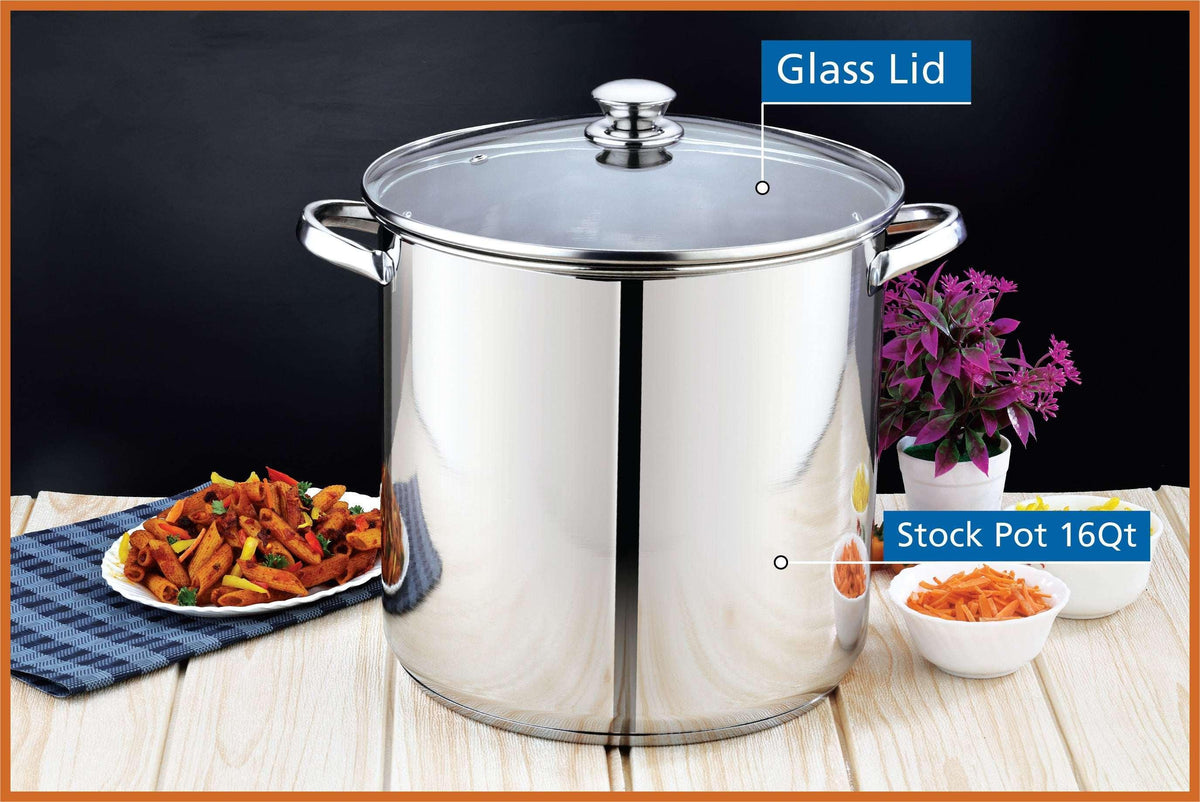 Mainstays Stainless Steel 16-Quart Stock Pot with Glass Lid, Induction Compatible, Stainless Steel, Dishwasher Safe
