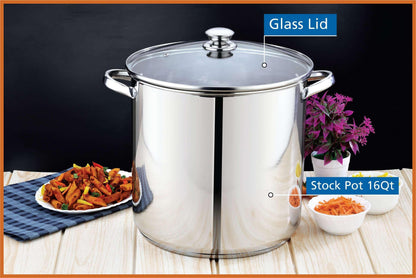 Mainstays Stainless Steel 16-Quart Stock Pot with Glass Lid, Induction Compatible, Stainless Steel, Dishwasher Safe