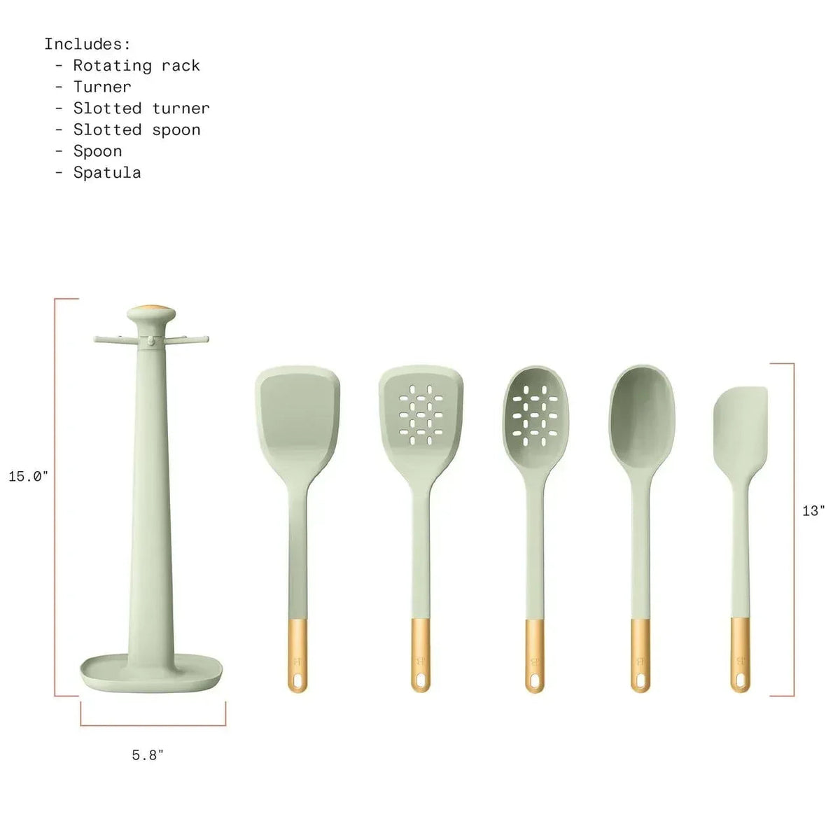 Beautiful 6-Piece Silicone Kitchen Utensil Tool Set with Rotating Rack, Black Sesame by Drew Barrymore