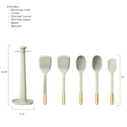 Beautiful 6-Piece Silicone Kitchen Utensil Tool Set with Rotating Rack, Black Sesame by Drew Barrymore