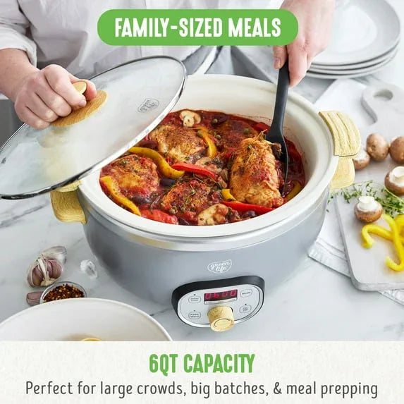 GreenLife 6 Quart Non Stick Family Meal Slow Cooker with Removable Pot, Cream