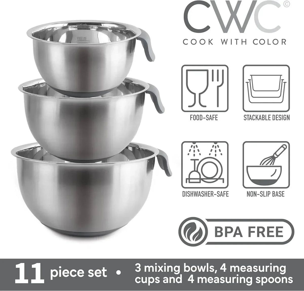 COOK WITH COLOR Stainless Steel Mixing Bowls Set and Measuring Cups- Nesting Bowls with Non-Slip Bottom and Easy-Grip Handles, 11 Pieces