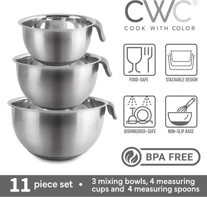 COOK WITH COLOR Stainless Steel Mixing Bowls Set and Measuring Cups- Nesting Bowls with Non-Slip Bottom and Easy-Grip Handles, 11 Pieces