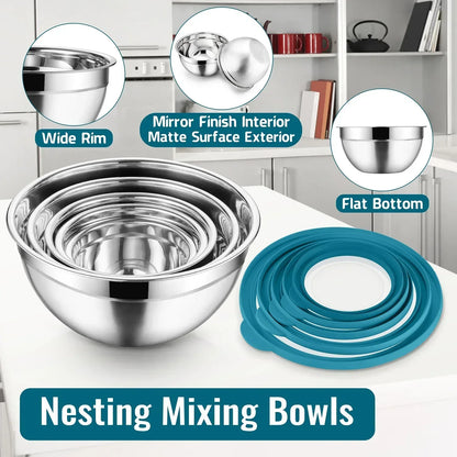 Vesteel Mixing Bowls with Lids Set of 8, Stainless Steel Prep Bowls with Upgraded Airtight Visible Lid, Metal Nesting Bowl Attach with 3 Graters for Kitchen Grating/ Shredding / Mixing