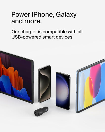 Belkin BoostCharge 42-Watt Dual Port Fast Car Charger w/30W USB-C & 12W USB-A Ports for iPhone 16, 16 Pro, Galaxy S25, S24, Pixel 9 & 8, Nintendo Switch 2 & More - Gray
