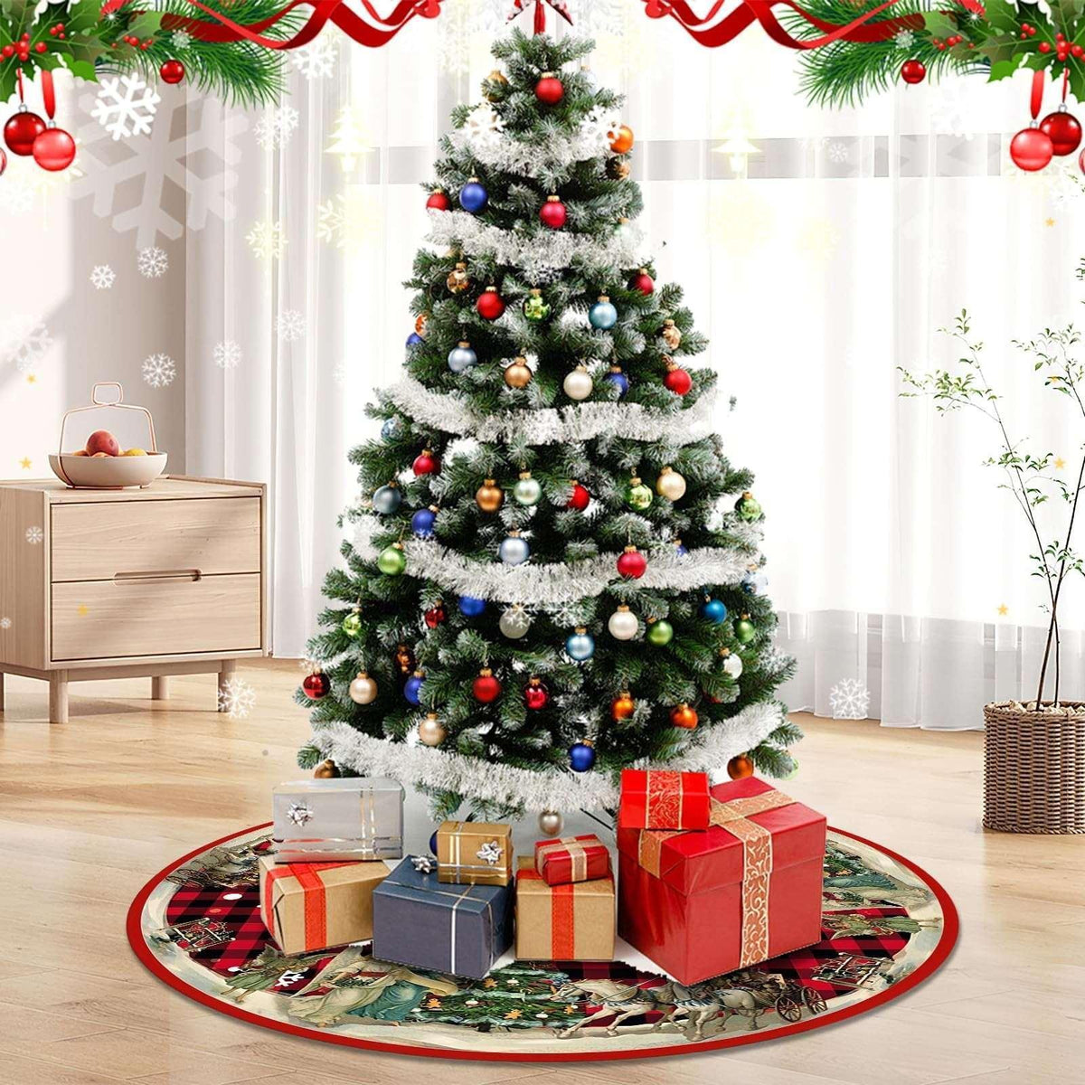 Christmas Tree Skirt, New Year Xmas Deco, 48 Inches Large Christmas Tree Skirts Snowflake Red and Black Plaid Stamp for Christmas Tree Decorations