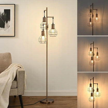 EDISHINE 65IN Farmhouse Industrial Black Floor Lamps for Living Room, Dimmable, Metal Standing Tree Lamp for Bedroom, Office, Home Decor, Lighting, 3 LED Bulb Included