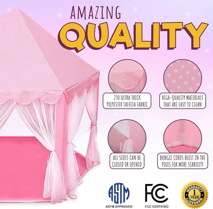 ORIAN Princess Castle Playhouse Tent for Girls with LED Star Lights – Indoor & Outdoor Large Kids Play Tent for Imaginative Games – Princess Tent, 230 Polyester Taffeta. Pink 55"x53".