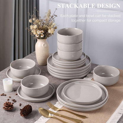 Vesteel 18-Piece Dinnerware Set, Ceramic Plates and Bowls Set for 6, Speckled Stoneware Dishes Set for Family, Microwave & Dishwasher Safe - Cappuccino Brown
