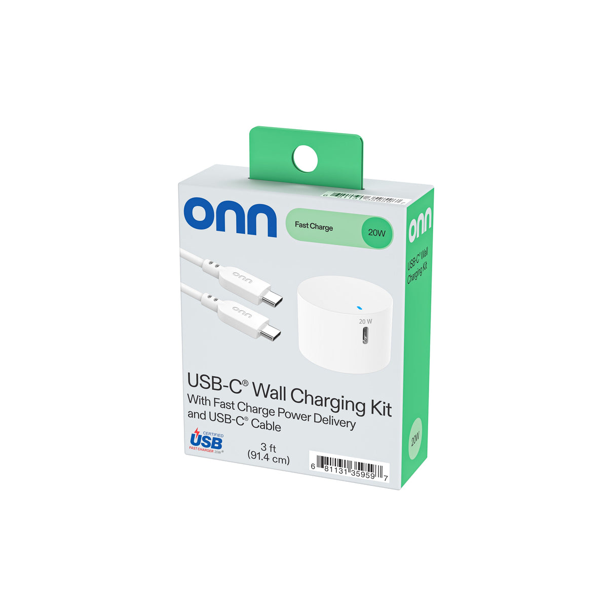 onn 20W Single USB-C Port Wall Charger with 3ft C-C Cable, Fast Charging, USB-IF Certified,Foldable Plug, White - Compatible with iPhone 17/16/15 Series, Galaxy, Note, Pixel, iPad Pro, & More