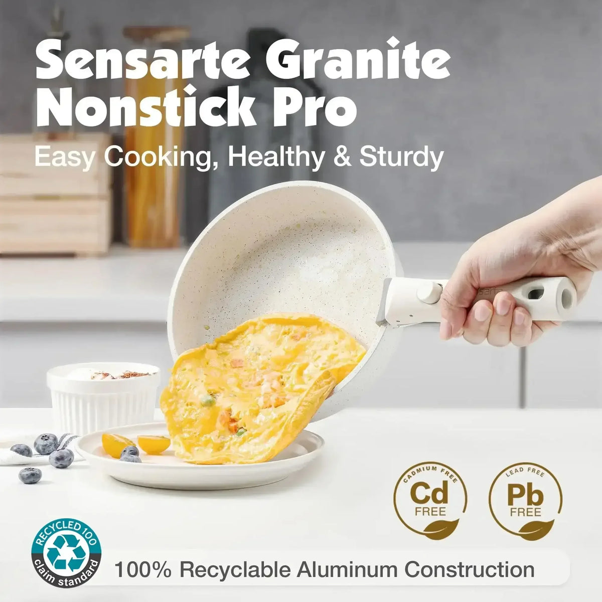 SENSARTE Nonstick Cookware Sets with Detachable Handles, 17Pcs Granite Pots and Pans Set, Induction Kitchen Cookware Sets Stackable White