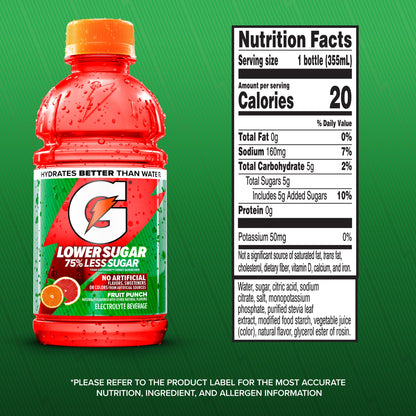 Gatorade Lower Sugar, No Artificials Fruit Punch Flavored Electrolyte Sports Drink, 12 fl oz Bottle, (12 pack), 75% Less Sugar, Hydration