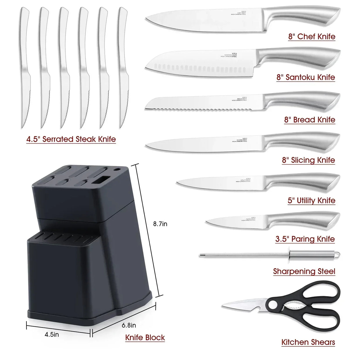 Walchoice 15 Pieces Knife Set with Block, High Carbon Stainless Steel Kitchen Knife Set with Sharpener, Rust Resistant & Dishwasher Safe