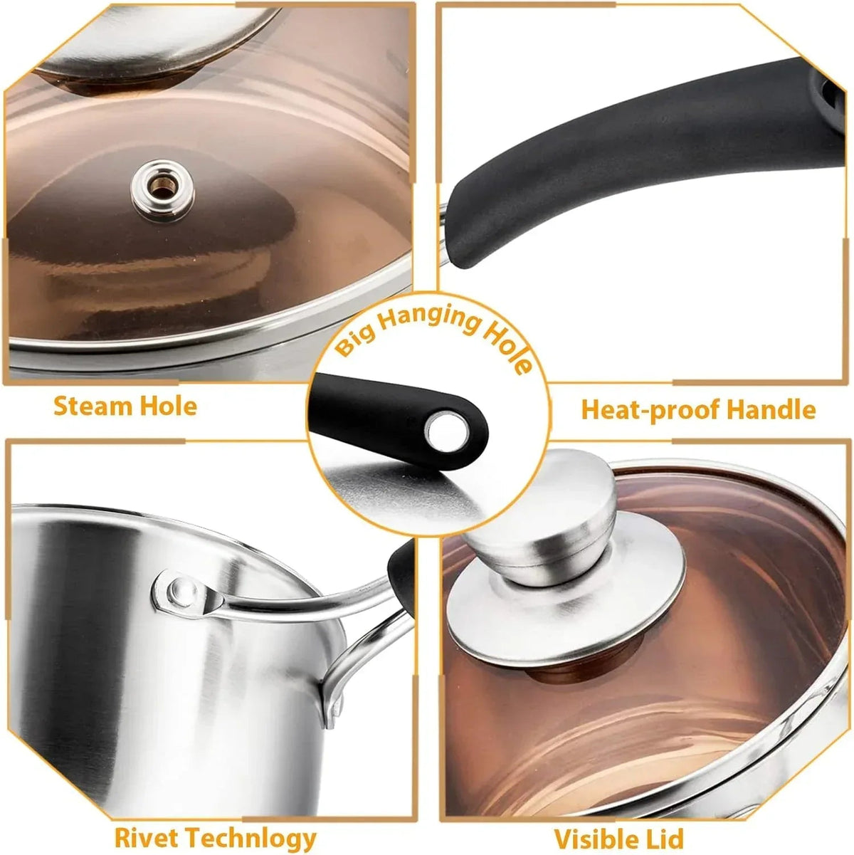 Walchoice 2QT & 1QT Saucepan Set, Stainless Steel Soup Pot with Lid for Home Restaurant, Heat-Proof Handles & Dishwasher Safe