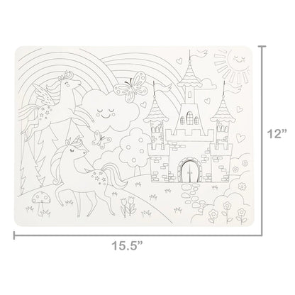 Pen+Gear Washable Fairytale Coloring Placemat Kit with 4 Crayons, Black and White