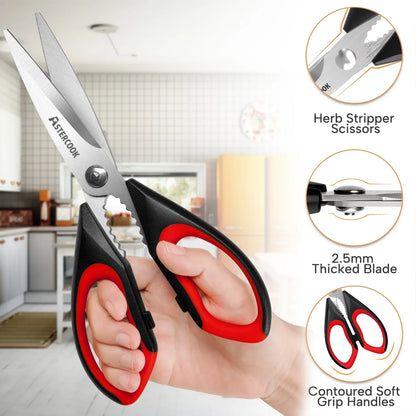 Astercook 2 Pcs Kitchen Scissors, Heavy Duty Shears with Serrated Blade, Ergonomic Handle Food Scissor for Poultry, Herbs, Vegetables Dishwasher Safe