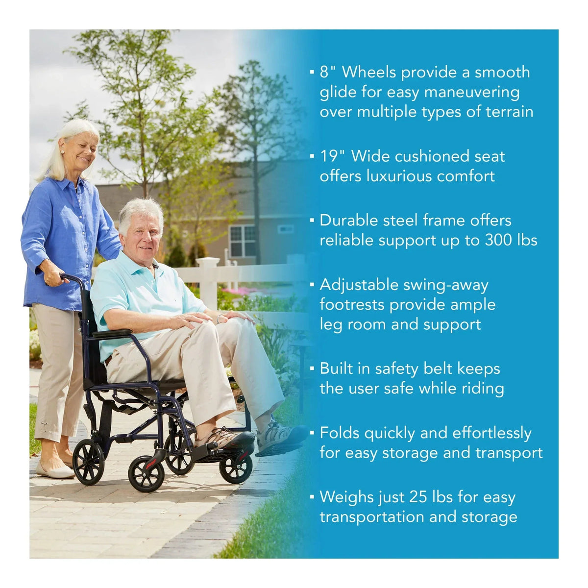 Carex Steel Transport Chair with 19" Seat, Swing-Away Footrests, Blue, 300 lb Weight Capacity