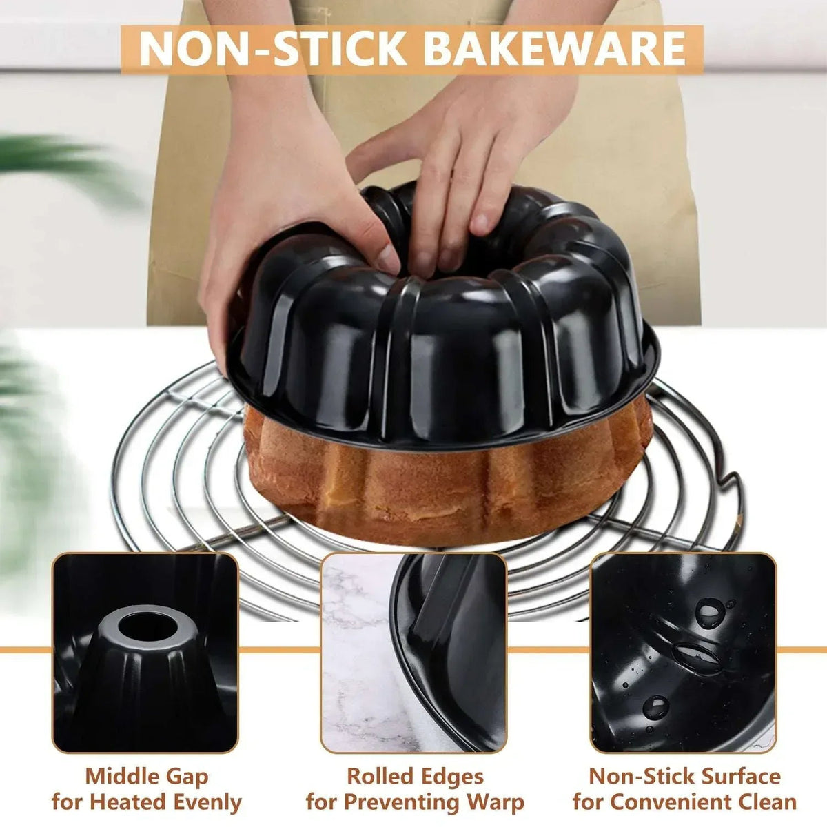 Vesteel 10 inch Bundt Cake Pan, Non-Stick Pan for Baking Brownie Flan Meatloaf, Carbon Steel Bakeware with Tube for Birthday Wedding Events, Heavy Duty & Durable - Black