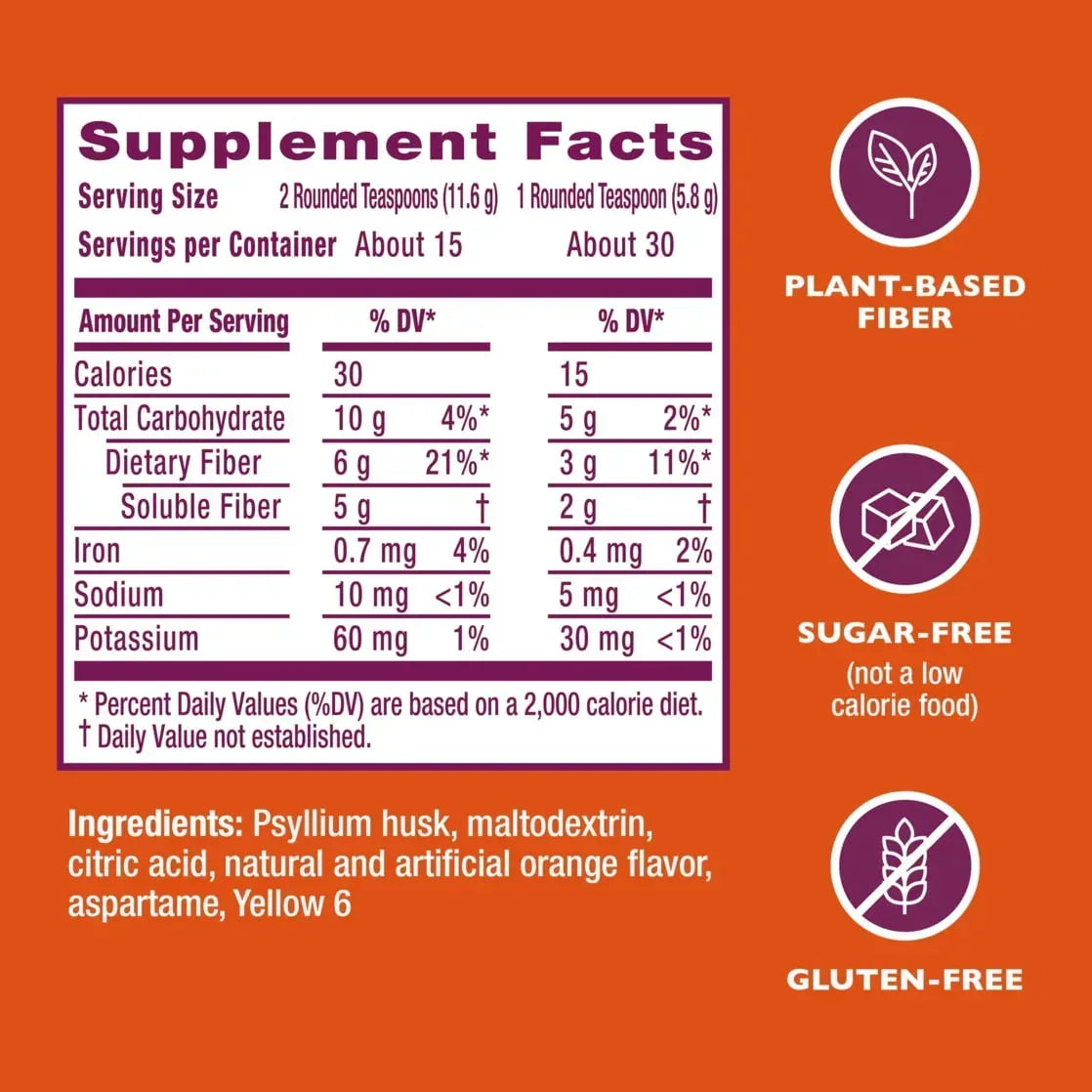 Metamucil Sugar-Free Fiber Supplement Powder for Daily Digestive Health, Orange Flavor, 30 Servings