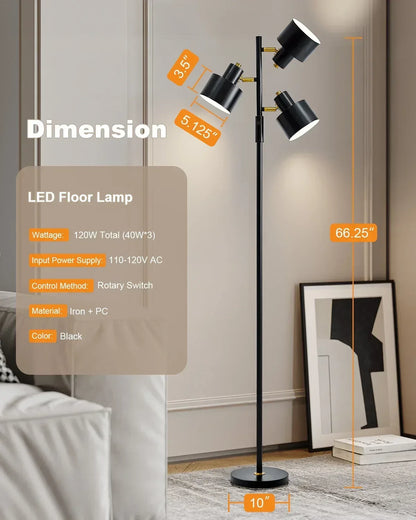 Yokila 66.25" 3 Light Modern Black Metal Floor Lamp for Living Room Bedroom Tall Standing Lamp with Rotary Switch for Home Office
