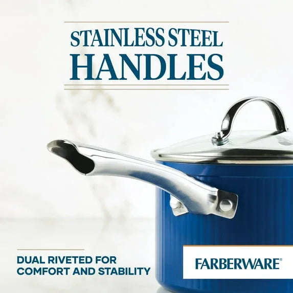 Farberware Style 10 Pcs Nonstick Cookware Set with Cooking Tools, Dishwasher Safe and Oven Safe to 500°F, Blue