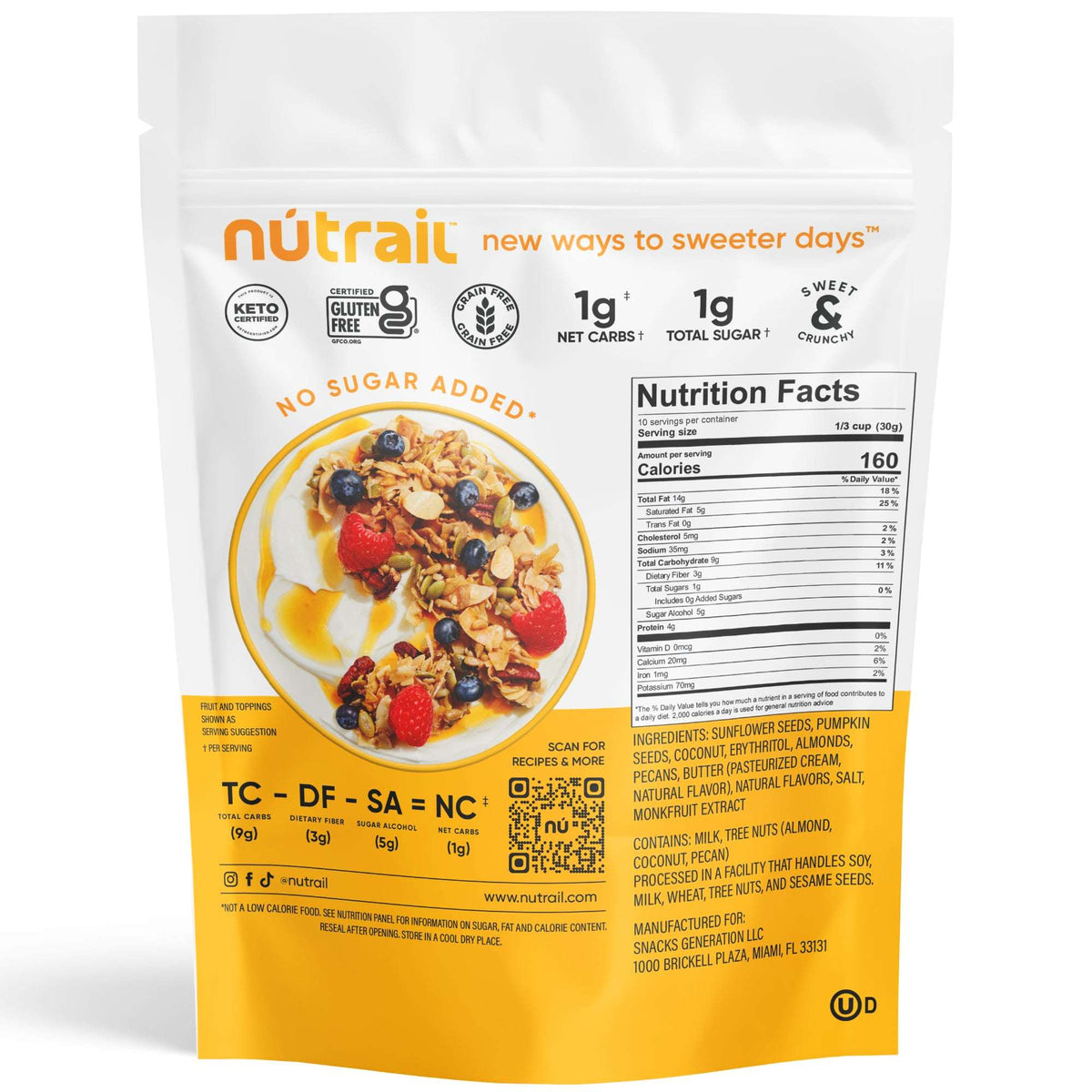 NuTrail Nut Granola Cereal, Honey Nut, No Sugar Added, Keto, Gluten Free, 11 oz. 1 Count