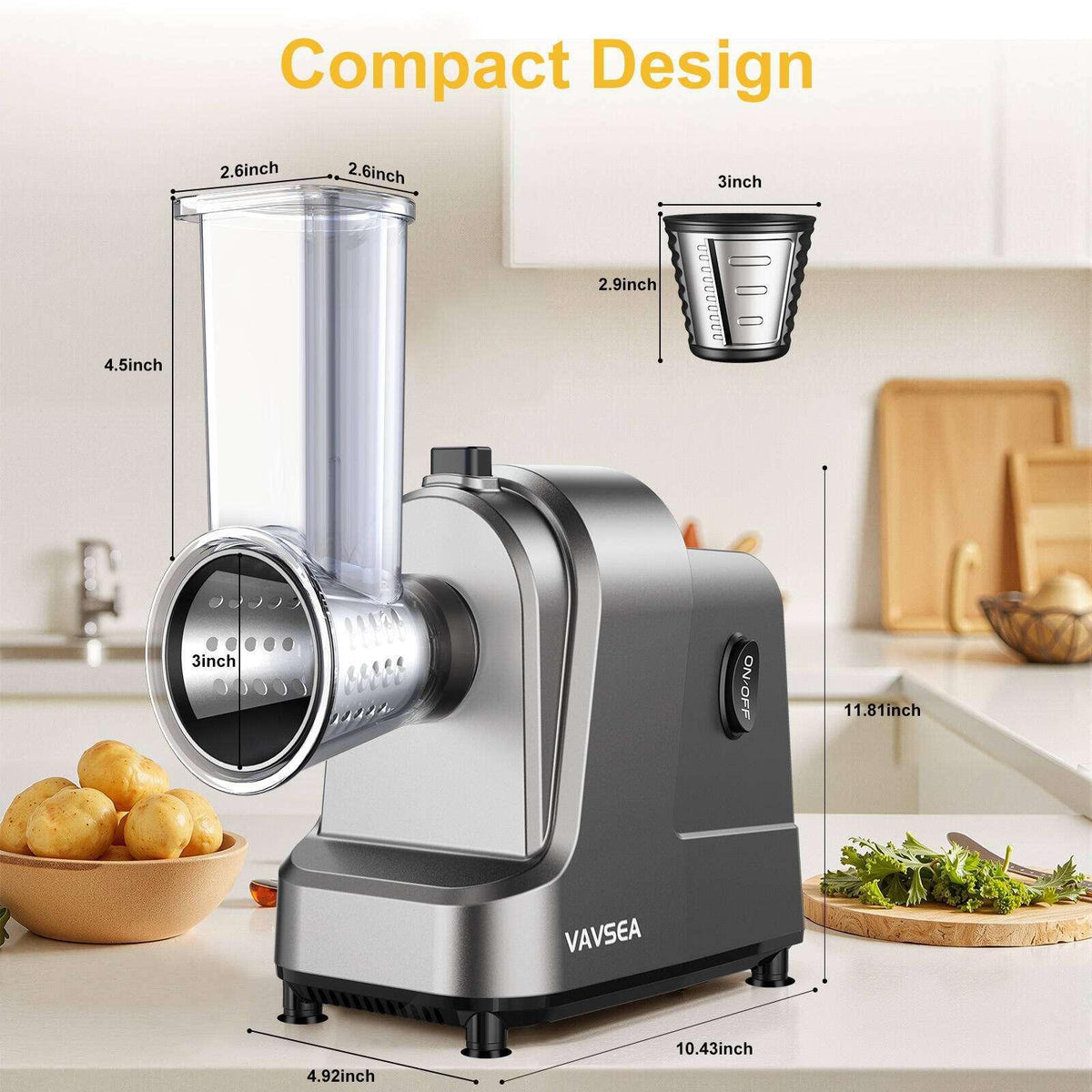VAVSEA 5-in-1 Electric Cheese Grater, 400W Electric Cheese Shredder with 5 Stainless Blades, Salad Maker with One-Touch Control for Cheese, Vegetables and Fruits, Gifts for Christmas