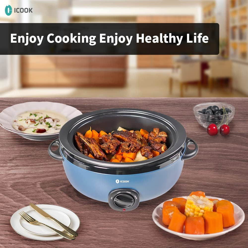 6.5 Quart Slow Cooker, Aluminium Sear/Sauté Stew Pot Stovetop Safe, Dishwasher Safe, Glass Lid, Adjustable Temp, Food Warmer (Blue)