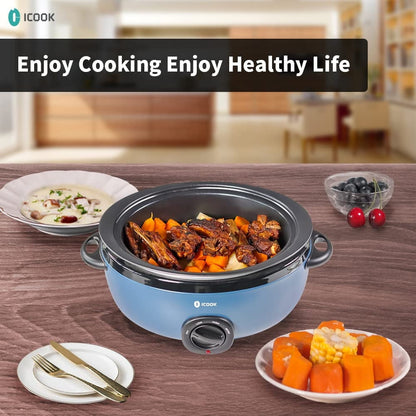 6.5 Quart Slow Cooker, Aluminium Sear/Sauté Stew Pot Stovetop Safe, Dishwasher Safe, Glass Lid, Adjustable Temp, Food Warmer (Blue)