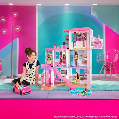Barbie Convertible Toy Car, Bright Pink with Seatbelts and Rolling Wheels (Seats 2 Dolls), Toy for 3 Years and Up