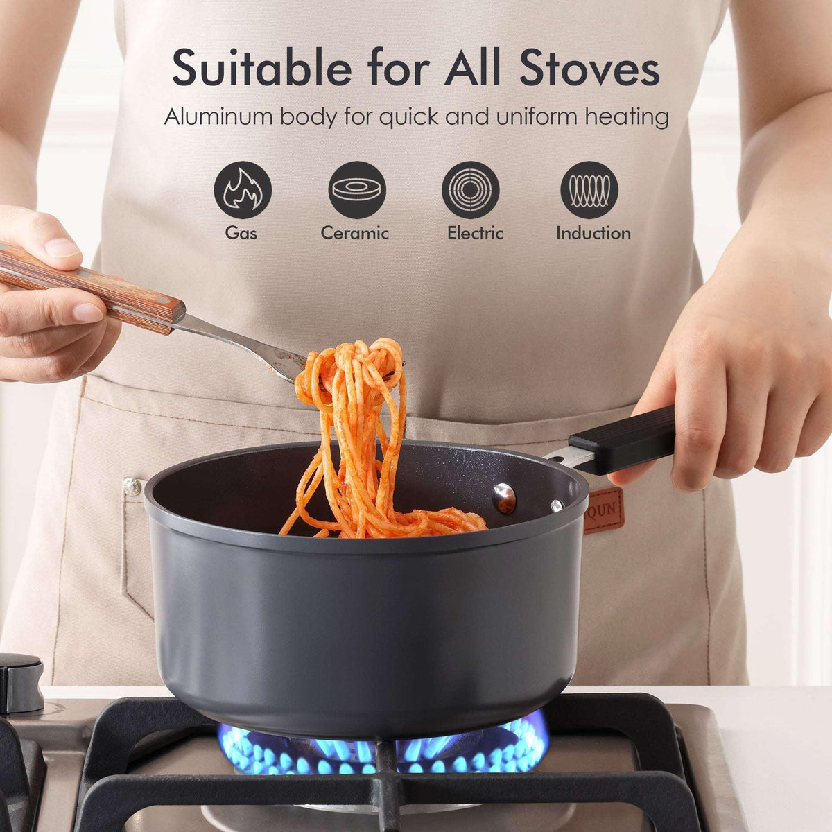 SENSARTE Ceramic Nonstick Saucepan with Lid, 2Qt Saucepan Pot with cover, Oven Safe, Anti-Scald Handle, Induction Compatible, Easy to Clean