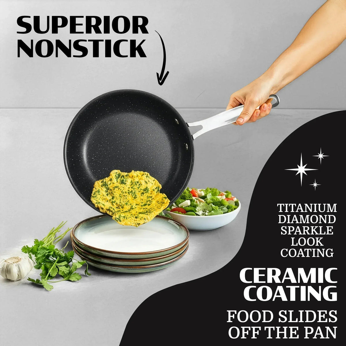 Granitestone 3 Pc Nonstick Frying Pan Set, 8" 10" 12" Frying Pans, Easy Clean Ceramic Frying Pan, Egg Omelet Pan Set, Oven & Dishwasher Safe Skillet, Black