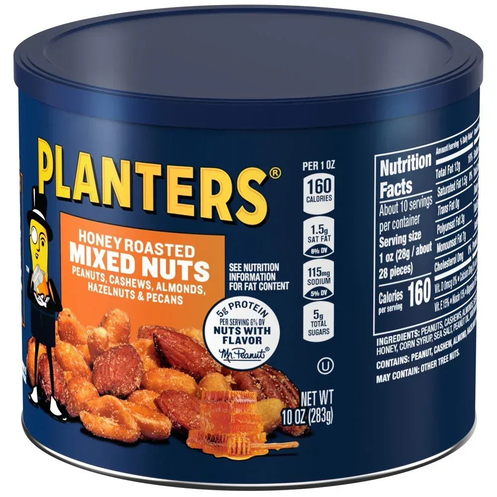 Honey Roasted Mixed Nuts, Party Snacks, Plant-Based Protein, 10 Oz Canister